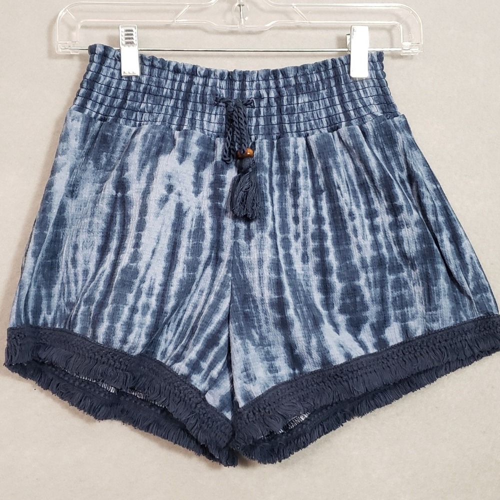 Womens Med 7-9 Shorts Blue Tie Dye Smocked Waist Tassel Fringe Shorts Paperbag